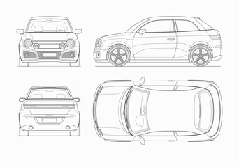 Modern sub compact city car mockup in outlines, contours. Set of blueprints of non-existent subcompact car. Side, top, front and rear view of realistic small noname car isolated on white background.