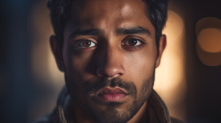 Obraz premium Photo of a closeup cinematic portrait of a stylish 28-year-old American man of South Asian descent. Pleasant expression with a background collage of India, Chicago, and yoga.