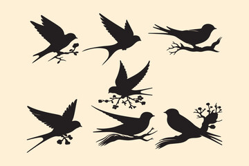 Set of black bird's silhouettes. Vector art illustration.
