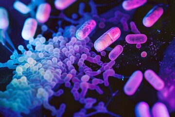 antibiotic resistance, purple neon antibiotic-resistant bacteria and pills under a microscope, awareness about the responsible use of antibiotics