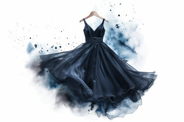 Elegant black evening dress suspended on a hanger with a watercolor background, exuding style and sophistication.