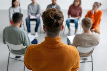 Obraz premium Group therapy session with people sitting in a circle and sharing emotions, focus on person with orange sweater, mental health support meeting.