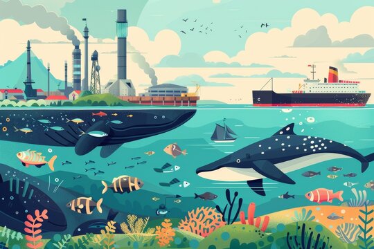environmental impact of marine port on ecosystems informative flat, habitat destruction, pollution, and disruption of marine life, raise awareness about the ecological consequences of port activities