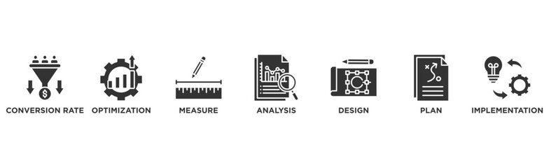 CRO banner web icon vector illustration concept for conversion rate optimization with icon of measure, analysis, design, plan, and implementation	