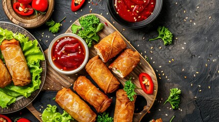 Top View Of Ready-To-Eat Plant-Based Fried Vegan Sausages And Crispy Tofu Skin Rolls, A Nutritious Meal