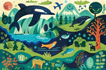 Obraz premium vibrant flat illustration celebrating Earth Day, environmental conservation such as lush green forest, clean blue ocean, and diverse wildlife habitats, appreciation for the natural world