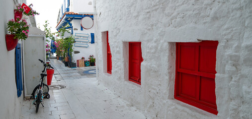 Fototapeta premium a picturesque, narrow alleyway with white walls and striking red shutters, leading to a courtyard with bright flowers and a parked bicycle, reminiscent of a quaint Greek island street.