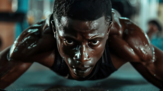 Close-up of a man doing push-ups in a home gym