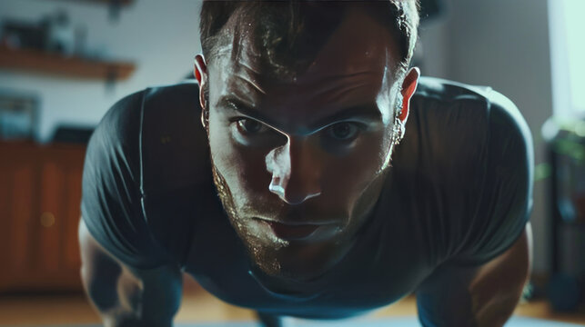 Close-up of a man doing push-ups in a home gym