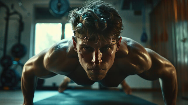 Close-up of a man doing push-ups in a home gym
