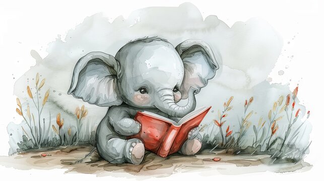 watercolor illustration of Adorable baby elephant sitting and reading a book
