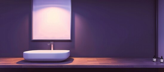 A modern bathroom with a floating sink, a single large empty frame on a dark purple wall, highlighted by a soft spotlight.