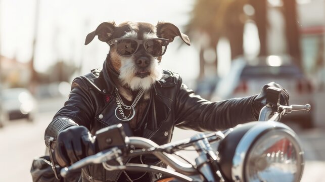 Stylish dog in leather and shades, masterfully handling a motorcycle on a sunny day, blending humor and badass vibes