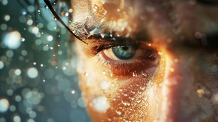 Droplets of sweat on a person forehead in close-up