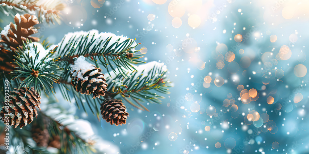 Poster christmas tree with cones in a snowy forest