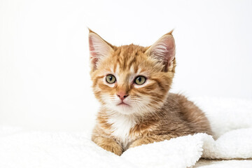 Adorable Ginger Kitten Resting on White Blanket