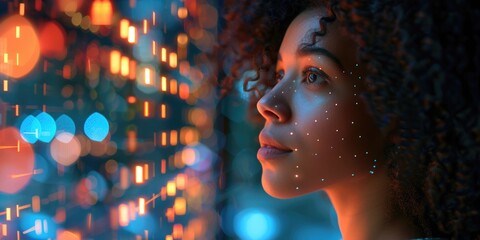 Mixed race black african american female IT specialist analysing artificial intelligence threats to consumer data and privacy leaks. Technology cyberspace software analyst