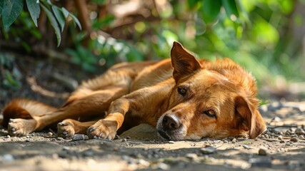 Exhausted dog lying in the shade, panting heavily