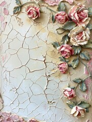 A wall with a floral design and a few roses