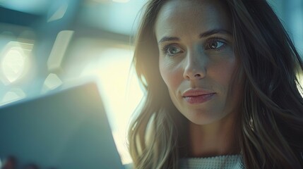 young woman, company worker in glasses, smiling and holding digital tablet, standing over white office room background