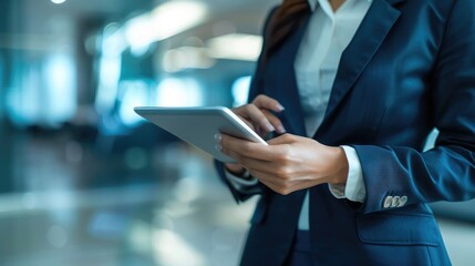 Business, white woman and tablet in office, focus and digital planning for growth, startup and sales. Corporate, 