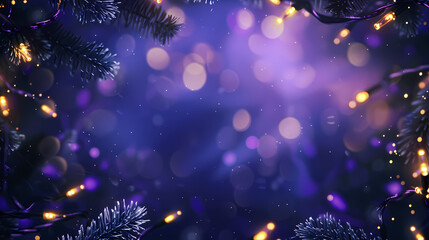 Christmas themed background with purple Christmas tree branches and decorations