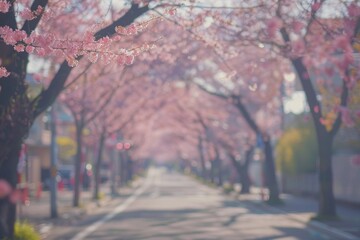 Experience the beauty of Japan's Cherry Blossom Parade with this vibrant street scene