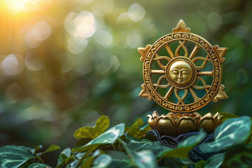 Fototapeta premium Golden Dharma Wheel on Green Background - Symbol of Buddhist Enlightenment