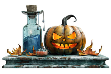 Halloween pumpkin with potion bottles and autumn leaves on a stone pedestal.