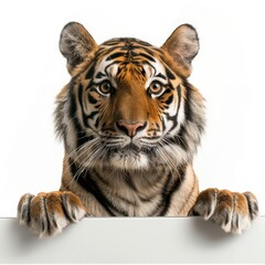 Fototapeta premium A cute Bengal tiger and paws holds a white acrylic sheet in its paws against a isolated on white background, looking directly at the camera with an attentive expression