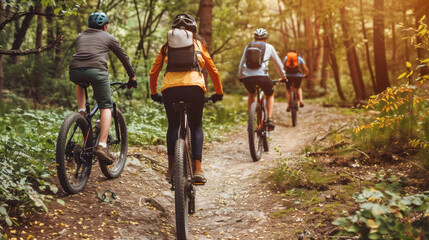 Naklejka premium Friends riding mountain bikes on a forest trail