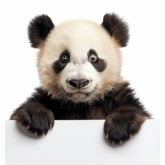 A cute panda and paws holds a white acrylic sheet in its paws against a isolated on white background, looking directly at the camera with an attentive expression