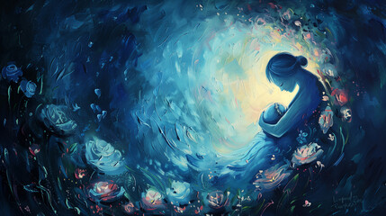 Artistic depiction of a mother embracing her baby in a cosmic setting. Pregnancy and infant loss Remembrance Day.