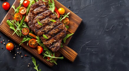 Grilled Steak With Arugula Salad and Cherry Tomatoes on Wooden Cutting Board