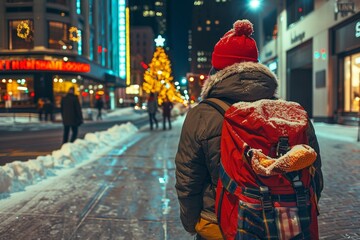 Obraz premium Person Walking Through Snowy City Street at Night With Illuminated Christmas Tree in Background