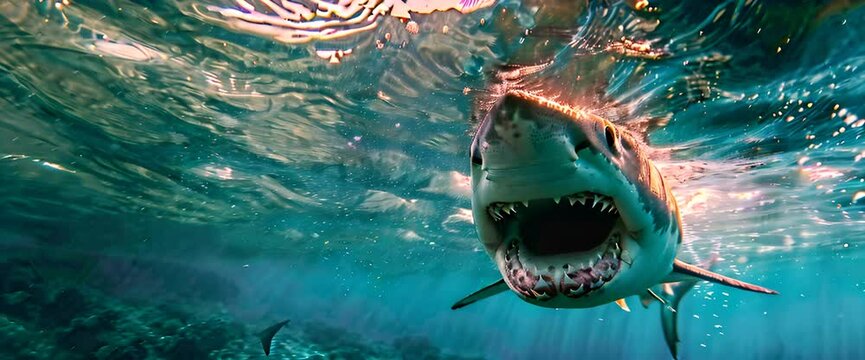Ocean shark bottom view from below. Open toothy dangerous mouth with many teeth. Underwater blue sea waves clear water shark swims forward 