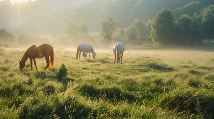 Horses grazing in a sunny meadow
