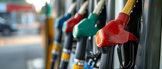 Closeup of fuel nozzle at gas station symbolizing refueling and transportation services.