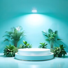 Fototapeta premium A blue plant podium against a minimalist backdrop. Modern blue interior with podium and greenery. Background for goods.