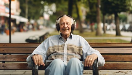 Fototapeta premium An older man with a lovely smile is sitting on a bench in a park, enjoying music on his headphones on a beautiful day, surrounded by a vibrant, outdoor setting.