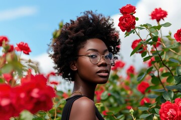 Naklejka premium Woman black fashion glasses rose portrait.