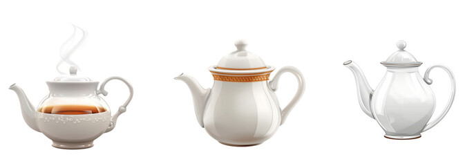 Elegant White Porcelain Teapots with Unique Designs on Display isolated on a white background
