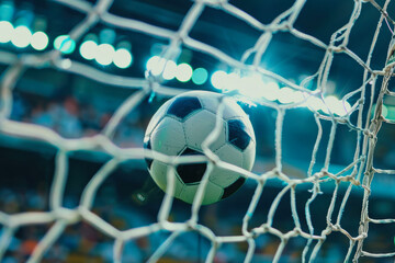 Soccer ball in net foreground with crowd background.