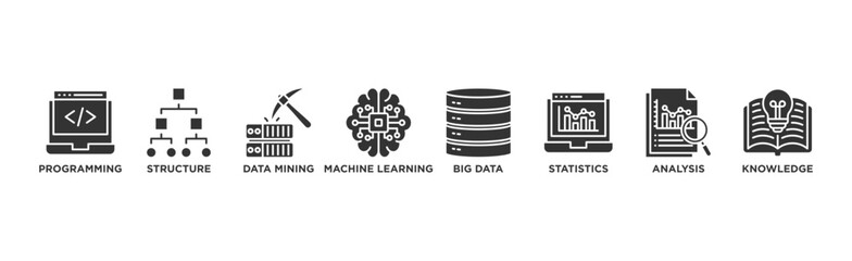 Data science banner web icon vector illustration concept with icon of programming, structure, data mining, machine learning, big data, statistics, analysis, knowledge	