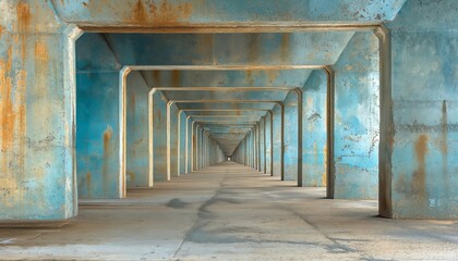 An empty, industrial corridor with rusty and weathered pillars, showcasing a repetitive and symmetrical design with a blue hue. The image has a vintage, gritty aesthetic.