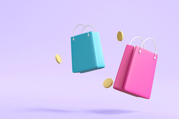 3D Render Illustration: Floating Shopping Bag and Coins – Concept: Value in Every Purchase