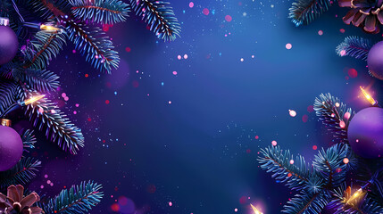 Christmas themed background with purple Christmas tree branches and decorations