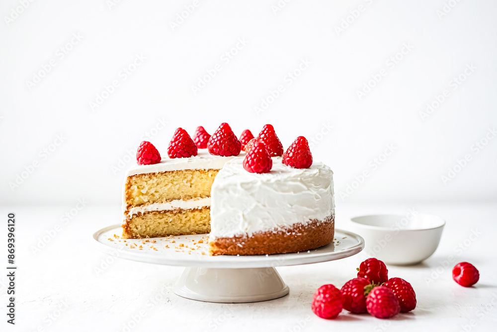 Wall mural Delicious Vanilla Cake with Fresh Raspberries