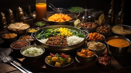 Obraz premium a table with several bowls of food including rice and vegetables.