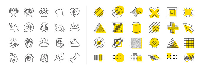 Veterinary, dog care and cat food. Design shape elements. Pets line icons. Lovely animals, shampoo for pets and doghouse icons. Vaccine, pet care and dog paw. Winner cup, certificate and medal. Vector